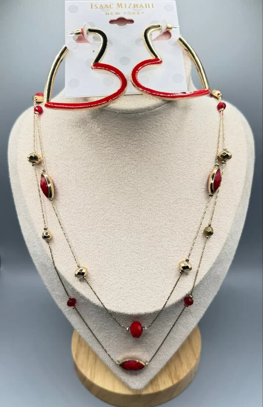 Isaac Mizrahi Red Heart Hoop Earrings NWT + NYC & co Layered Necklace NWOT